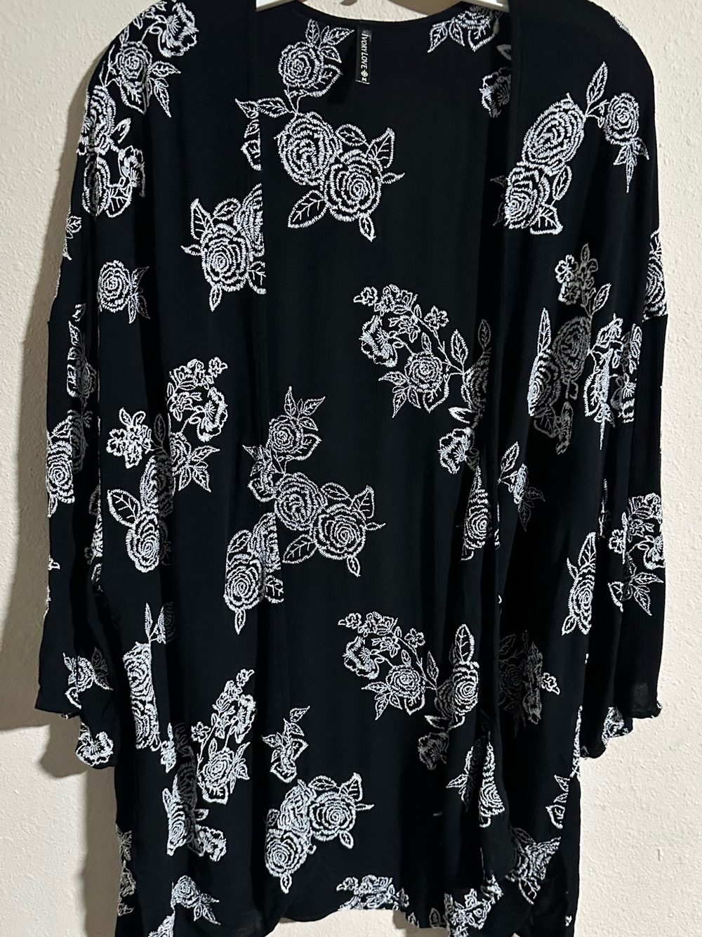 Ivory Love Black Floral Open-Front Kimono with White Floral Embroidery